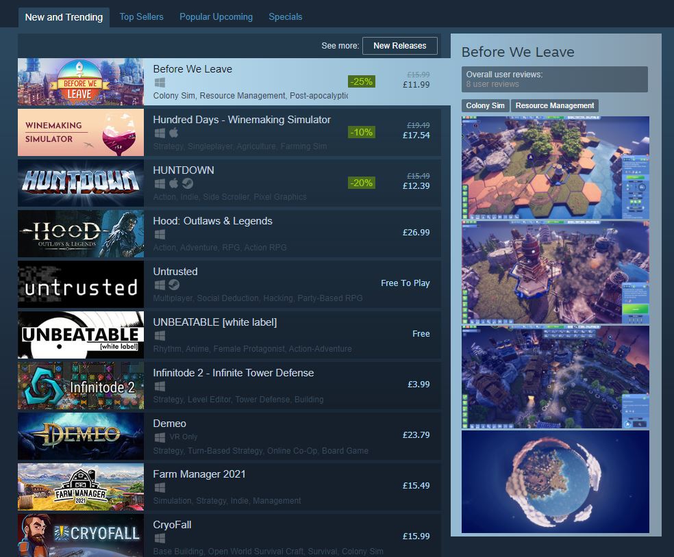 Team17's tweet image. Feeling those launch day good vibes, #BeforeWeLeave is top of New &amp;amp; Trending on Steam! 🥳

Check it out for yourself, with 25% off! 

bit.ly/TW-BeforeWeLea…