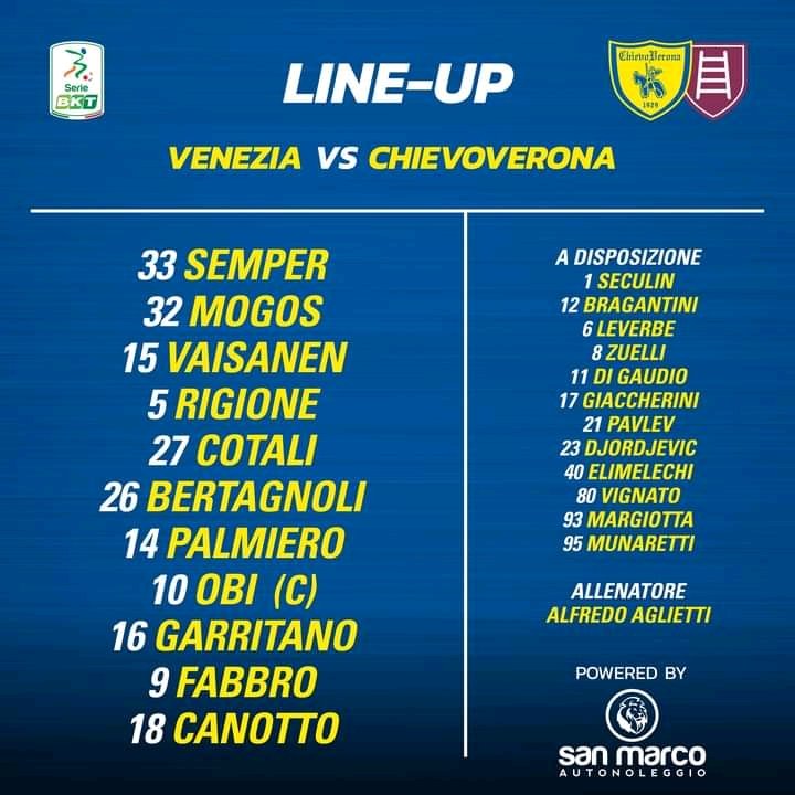 #VeneziaChievo las formaciones titulares para el partido de Playoffs de Hoy. 
Recordar que para clasificar, a Chievo sólo le sirve el triunfo, ya sea en 90 o en 120 minutos.

#ForzaChievo #ChievoLatinoamérica