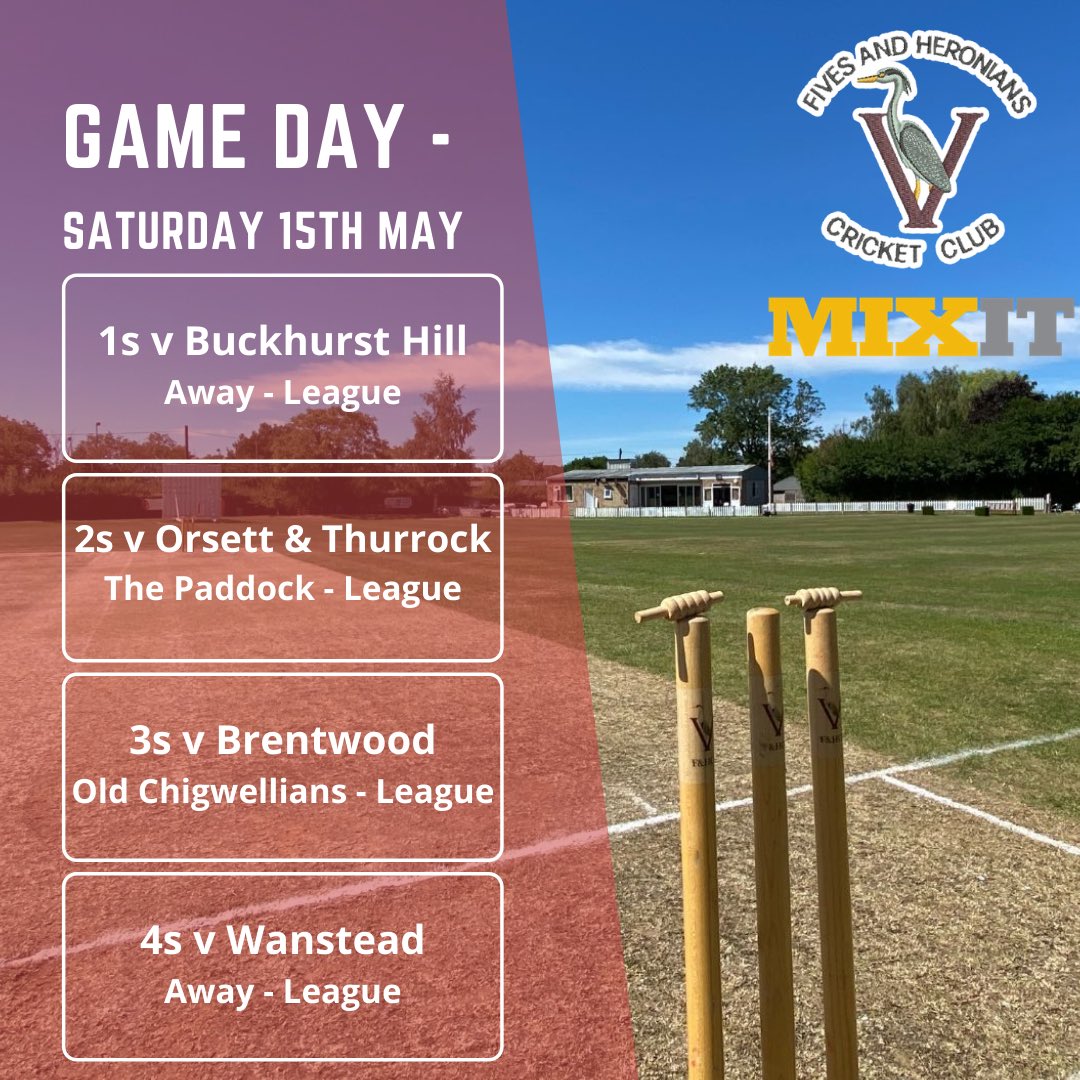 FHCC2015's tweet photo. GAME DAY - Saturday 15th May
Our 1s are travelling to @BuckhurstHillCC
2s are hosting @OandTCC at the paddock
3s are hosting @Brentwood_cc
4s are travelling to @Wansteadcc
Hoping for better weather than last week and 80 points!
#80Points #Cricket #Essex #League #COYF https://t.co/6Mrag5tFu0