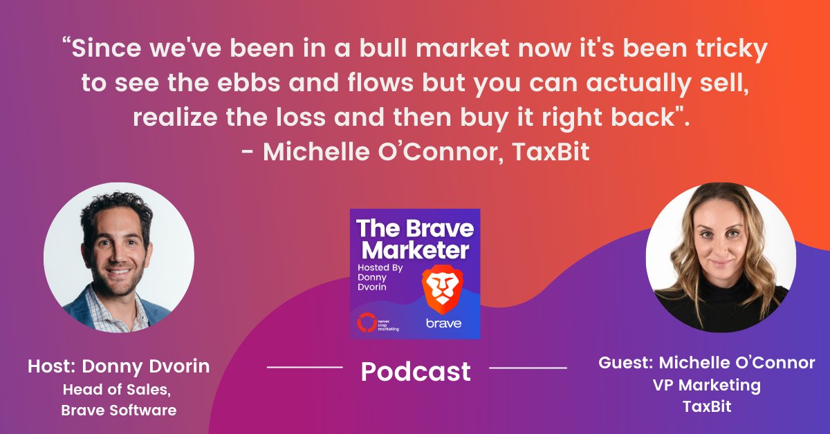 brave's tweet photo. Have you listened to this week’s episode of #thebravemarketer podcast? @Mq2oco, VP Marketing @TaxBit talks about crypto tax filings and how she’s navigating through the advertising regulations facing crypto companies today. Hosted by: @DonnyDvorin. https://t.co/eQiL3R70Pa https://t.co/B5VGfZJxRv