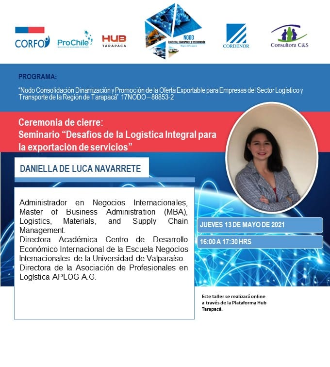 NodoLogistica's tweet photo. ¡HOY HOY HOY!16:00 hr Vía @HubTarapaca 
¡Inscripción! https://t.co/rLsbKzC9MS. #DanielladeLuca "DESAFÍOS DE LA LOGÍSTICA INTEGRAL PARA LA EXPORTACIÓN DE SERVICIOS". @Corfo @ProChile @ProChile_T @Cordenor @CCPECH @MasContainer 
¡¡¡En vivo!!! https://t.co/PeWvTkYEyn https://t.co/mcPWUHuVh1