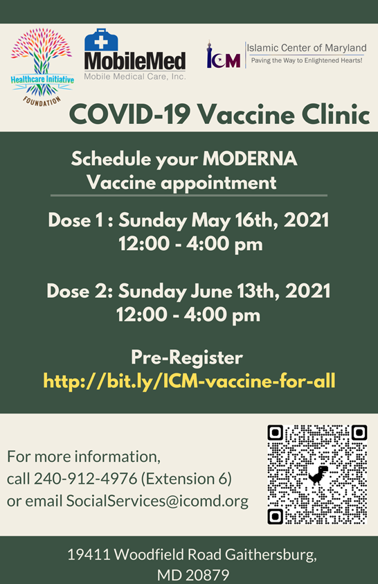 MannaFoodCenter's tweet photo. Having hard time making an appointment for a vaccine? Look no further! Our friends at the Islamic Center of Maryland are partnering up with MobileMed to help you get a schedule for Moderna vaccine. Check out the flyer for more information. https://t.co/AKeqcyqcqJ