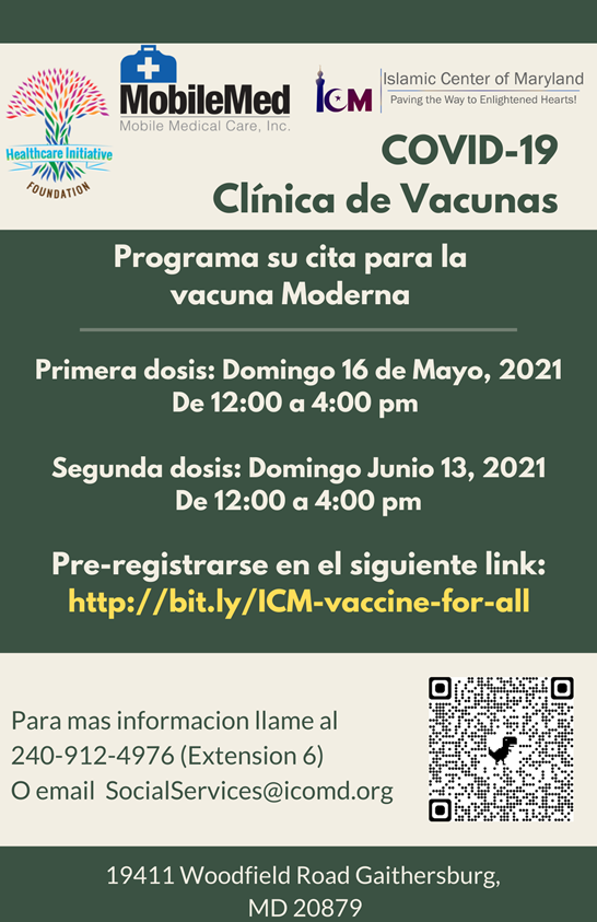 MannaFoodCenter's tweet photo. Having hard time making an appointment for a vaccine? Look no further! Our friends at the Islamic Center of Maryland are partnering up with MobileMed to help you get a schedule for Moderna vaccine. Check out the flyer for more information. https://t.co/AKeqcyqcqJ