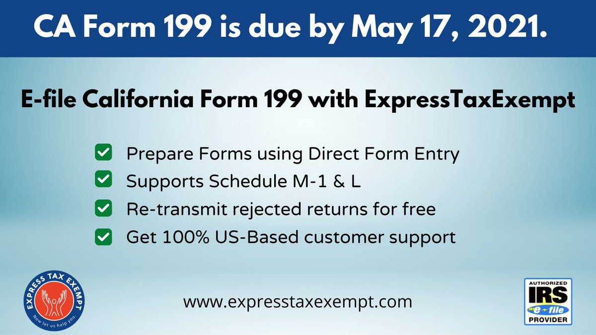 tax990efile's tweet photo. Tax-exempt organizations in #California file #Form199 to their basic organization information such as expenses, disbursements, filing fees, and more. #Efiling is the best way for these nonprofits to meet the May 17, 2021 #Form990 deadline. Get started now: https://t.co/YMXkWyj7FX https://t.co/ERyYGNQzWC