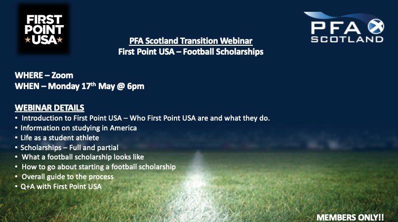 PFAScotland's tweet photo. Our next #TransitionMonth webinar is for members considering a scholarship in the USA!

Our partners @firstpointusa will take you through what to expect and offer advice &amp; support on how to get there.

To book your place contact @ChrisPFAS on 07719 902438 https://t.co/Zj0aQrvAUl