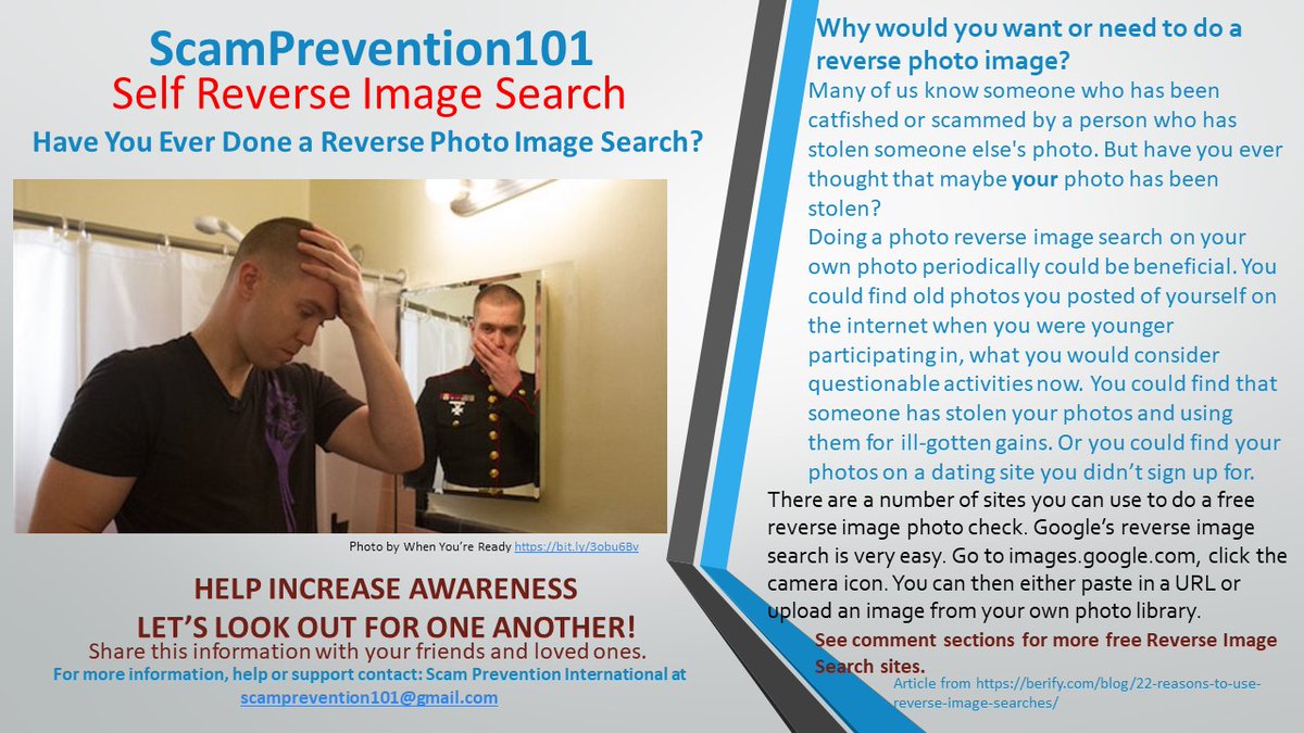 #ScamPrevention101
Scam Prevention Awareness
Have you ever done a reverse photo image on yourself?

#yandeximagesearch #freereverseimagesearch
 #reversephotosearch #socialcatfish #cafc #FTC #scamwatch #socialmediascams #socialmediafraud #scams #mentalhealth #scamalert #WiCyS