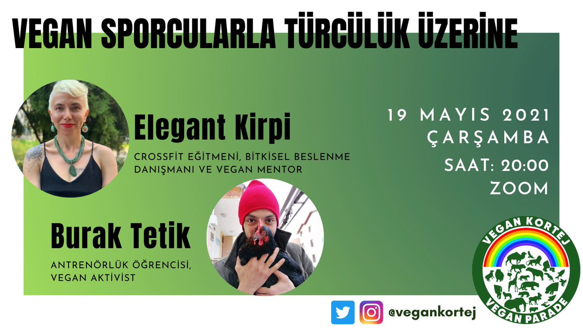 Vegan sporcularla spor sektöründeki türcü uygulamaları, karşılaştıkları sorunları ve çözüm için nasıl stratejiler geliştirdiklerini Elegant Kirpi ve Burak Tetik ile konuşacağız.Etkinliğe katılım için formu doldurunuz #19Mayıs 

Dayanışmayla.
docs.google.com/forms/d/1IHHy0…