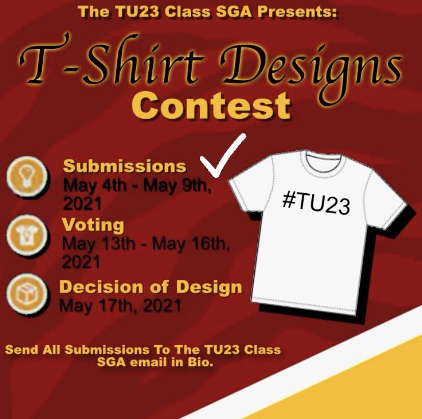 tu23sga's tweet photo. Hey TU 23!

It’s time to vote on which t-shirt design you would think best fits our class. We narrowed the submissions down to 3 designs to choose from. Don’t forget to inform your peers that it is important to vote for our class t-shirt designs. The link to vote is in our bio. https://t.co/0tLlvMcxha