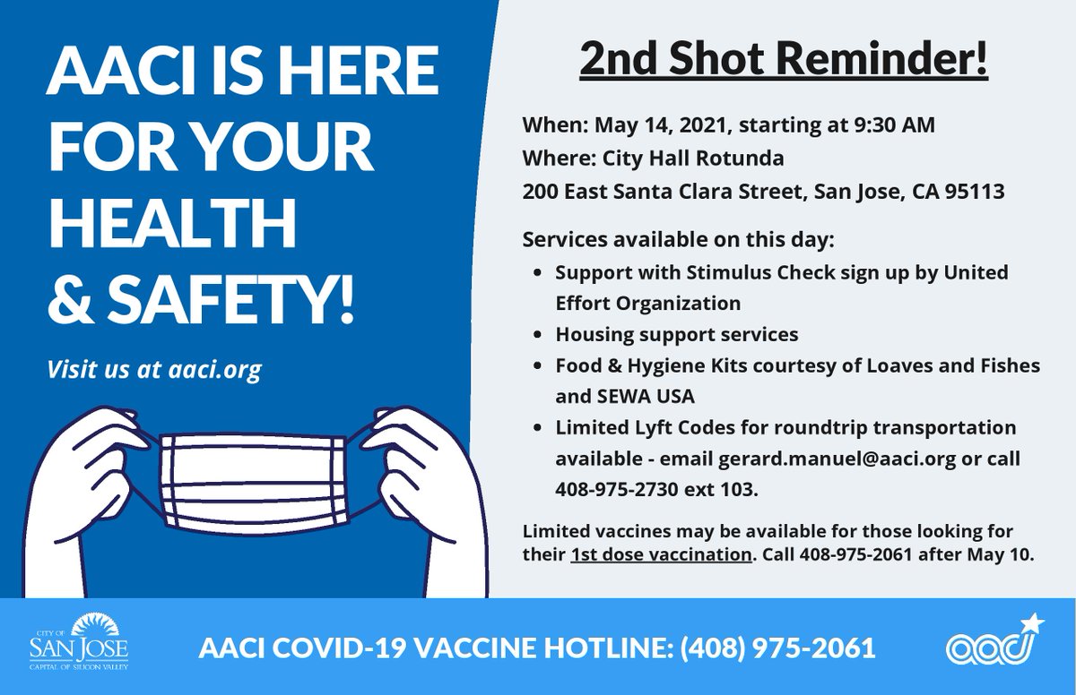 Tomorrow, Friday (5/14) at City Hall there will be a first and second dose vaccine clinic (for residents 18 years and older) and supportive services including food, assistance with Stimulus Check sign ups, and direct referral to housing for the unhoused. @AACIorg #GetVaccinated https://t.co/aszE9LxOF1