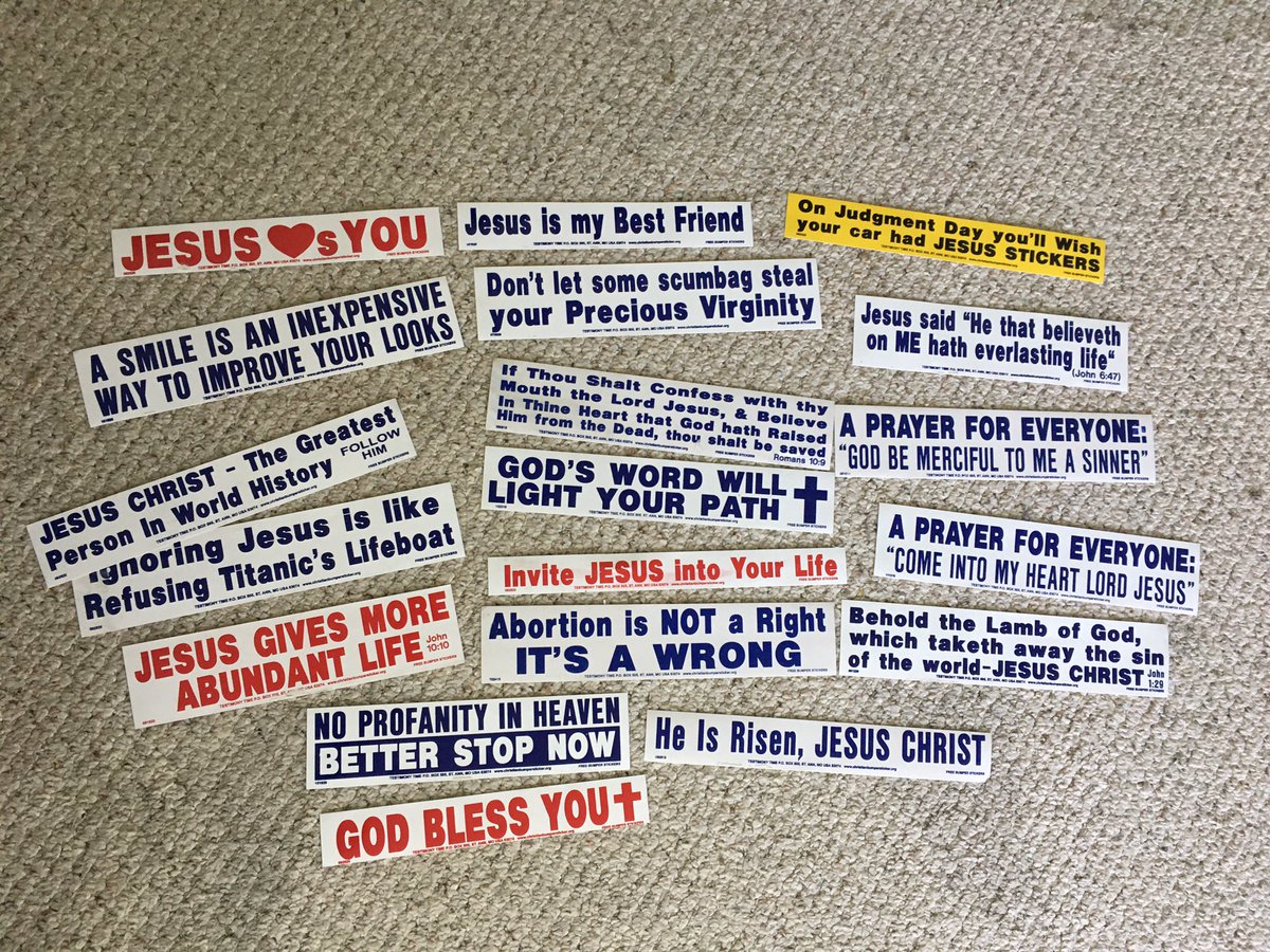 House down the street has been giving away free crap and today they had awful christian bumper stickers. Don’t let some scumbag steal your Precious Virginity