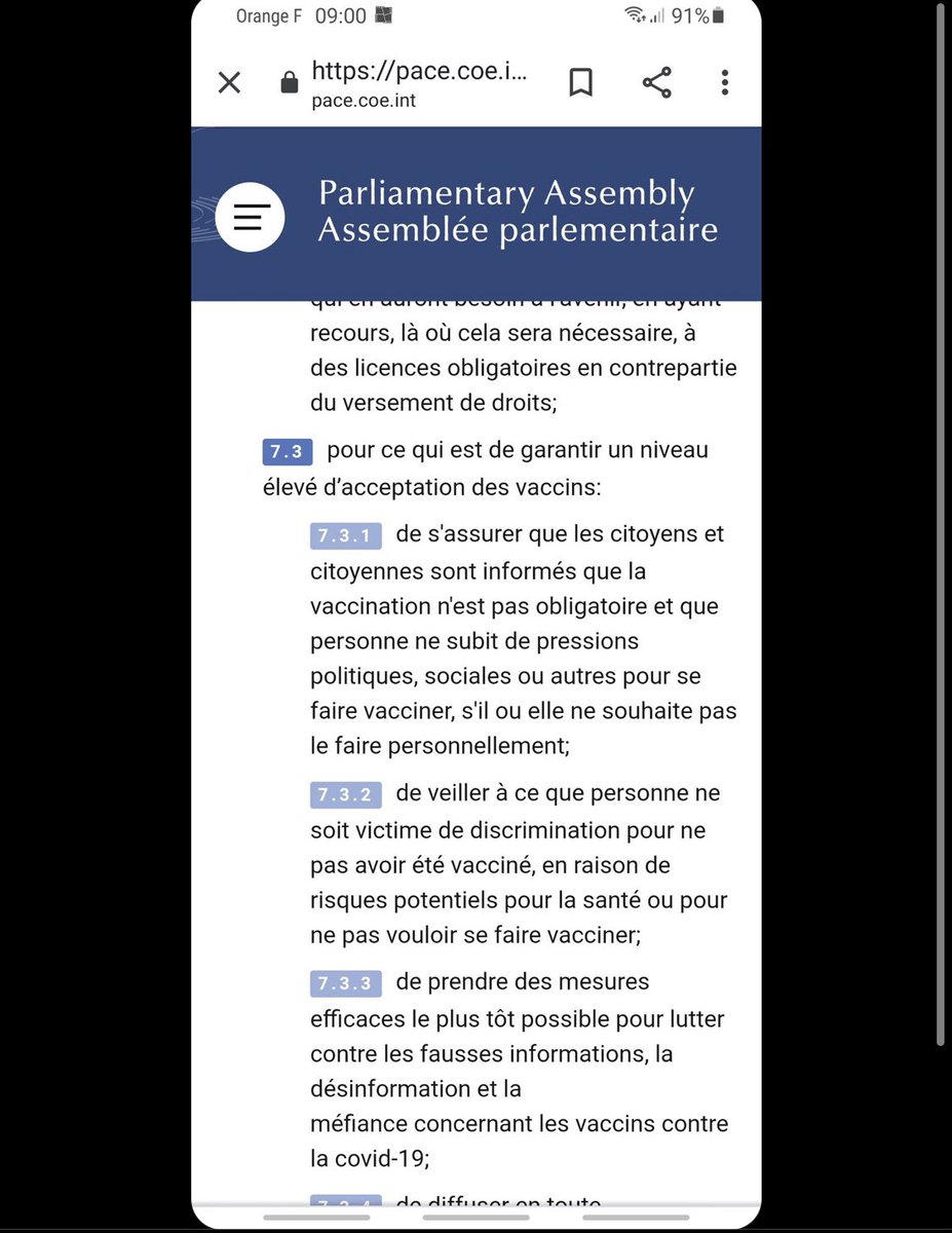 Chetiouzou's tweet photo. @rednico711 @Hora79409599 @Mediavenir C’est contre le texte de l’ assemblée européenne de discriminer des non vaccinés mais bon tranquille https://t.co/XRRPE9hLoY