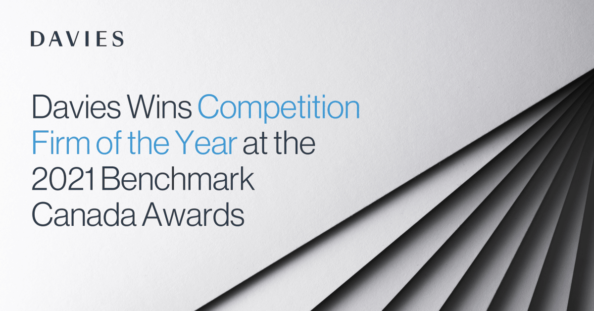 _Davies_'s tweet image. Known for securing winning outcomes for our clients, Davies has won Competition Firm of the Year for the second consecutive year at the 2021 @BenchLitigation Canada Awards. bit.ly/33CHlBL #BenchmarkAwards2021 #toplitigators #competitionlaw