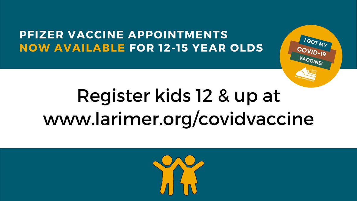 Parents can now register their children ages 12-15 for the Pfizer vaccine at the community vaccination site at The Ranch: bit.ly/larimervaccine…
#CommunityImmunity #LarimerCounty