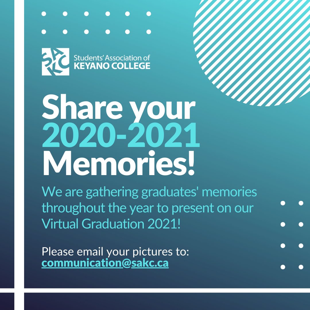 Share your 2020-2021 Memories! 💙

We are gathering graduates' memories throughout the year to present on our Virtual Graduation 2021! 

Please email your pictures to: 
communication@sakc.ca