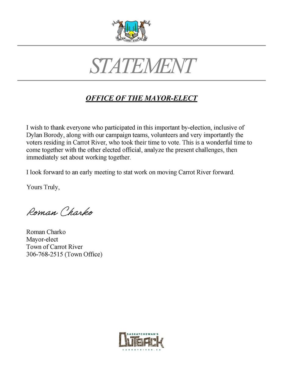 Statement from the Mayor-elect Roman Charko.
