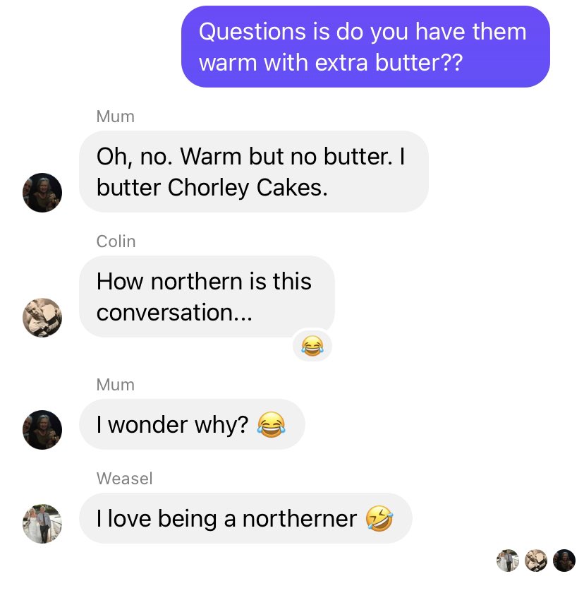 Ongoing family messenger chat...who is correct; Eccles and / or Chorley cakes served cold or warm , with or without extra butter?? <a href="/RealLancsEccles/">Eccles Cakes</a> <a href="/gilescoren/">Giles Coren</a> <a href="/jayrayner1/">Jay Rayner</a> <a href="/marcuswareing/">Marcus Wareing</a> <a href="/simon_rogan/">Simon Rogan</a>