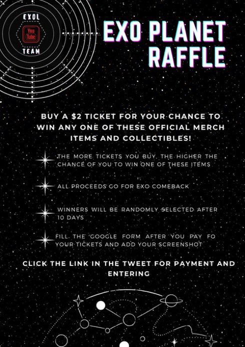 exolyoutubeteam's tweet photo. ✨ EXO Planet Grand Raffle ✨ 

Fundraiser 2:

Buy a ticket for your chance to win one of these great prizes!

Our shop is now open! Select your prize(s) &amp; buy your tickets! (Don’t forget to upload the screenshot of your purchase) 

Good luck 🤞

Shop: https://t.co/C7frUeJe4v https://t.co/EQQrBsUppm