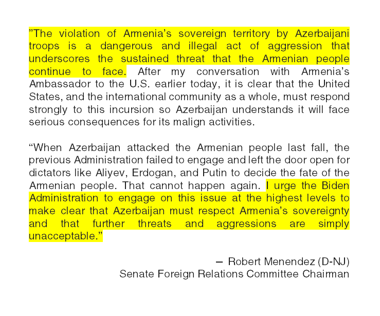 ANCA_DC's tweet photo. "The violation of Armenia’s sovereign territory by Azerbaijani troops is a dangerous and illegal act of aggression that underscores the sustained threat that the Armenian people continue to face." - @SenatorMenendez https://t.co/ewlTt9gCPW