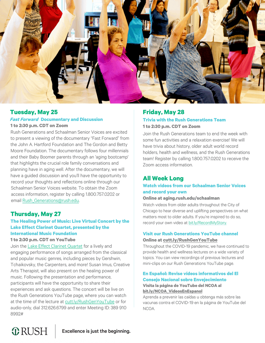 RushSWCH's tweet photo. #RushGenerations will be celebrating #OlderAmericansMonth from May 24-28th. This year’s theme is #CommunitiesofStrength. We welcome you, your patients, caregivers, and community members to join us in these free events. @IMFChicago @ACLgov @NCOAging #FastFWDonPBS @wttw https://t.co/3jLVRxJMc4