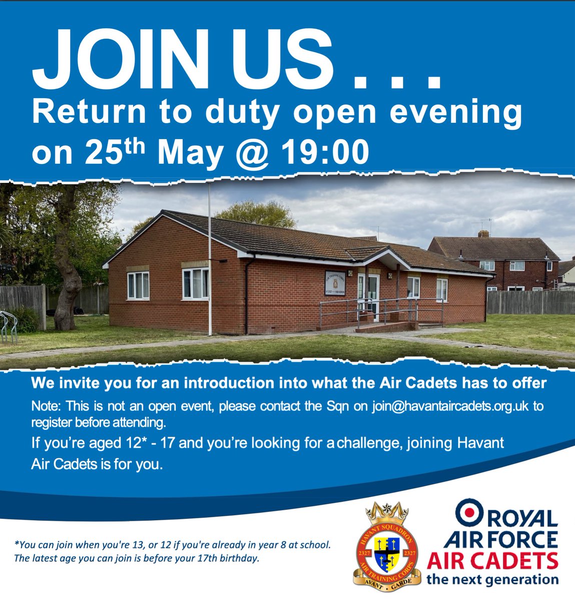 After a long pause due to COVID-19 we are pleased to announce the Sqn is returning to duty.  Note: This is not an open event, please contact the Sqn on join@havantaircadets.org.uk to register before attending.
