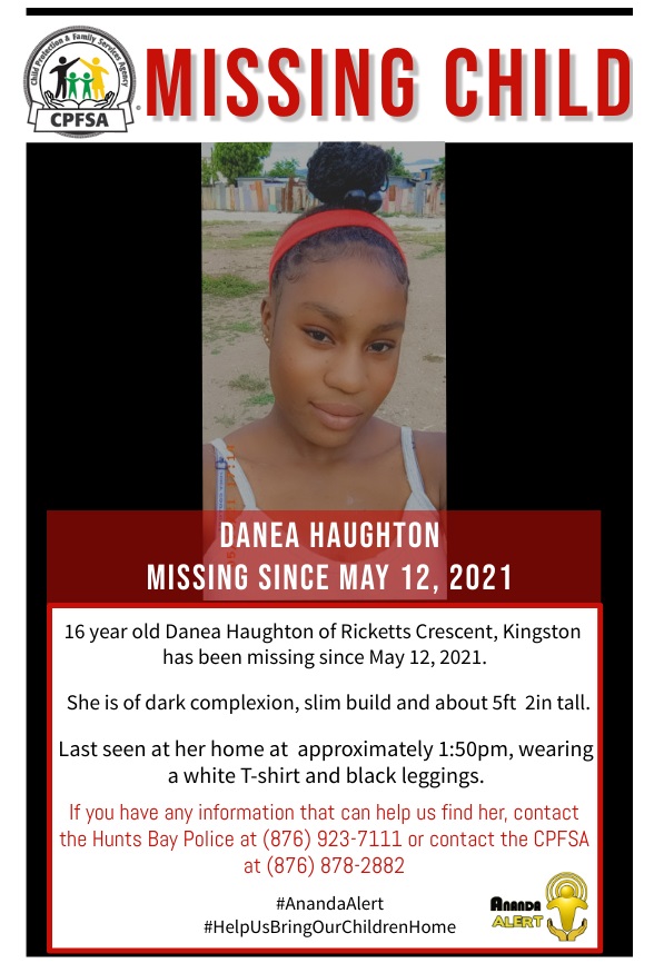 #AnandaAlert

16 year old Danea Haughton of Ricketts Crescent, Kingston is missing. She was last seen in a white T-shirt and black leggings.

If you have any information that can help us locate her, contact the Hunts Bay Police or the CPFSA.

#NoMoreMissing