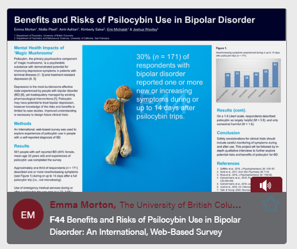 erin_michalak's tweet photo. .@morton_emm showcases, for the first time, some data from our international study of #magicmushroom use in people with #bipolardisorder - poster session at #ISBD2021 #ISBDVirtual @thebandlab @TrPR_Program @CREST_BD @ISBD4 https://t.co/yovaqGmOpi