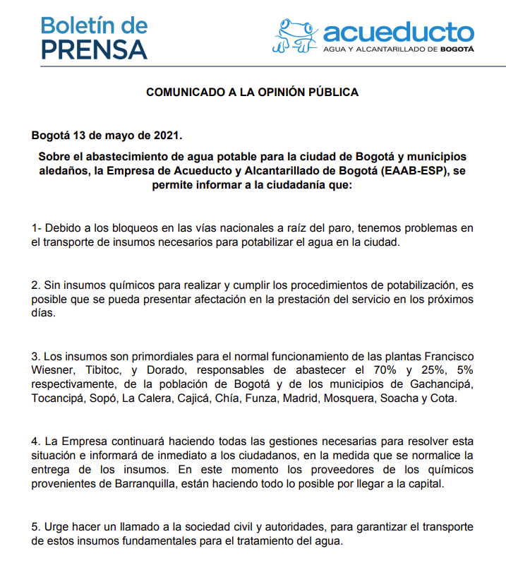 gusgomez1701's tweet photo. Muy delicado. Mesura y razón deben exhibir los protagonistas de los bloqueos. Comienzan a escasear los insumos para potabilizar el agua en Bogotá y Cundinamarca. Bloqueos nocivos que deslegitiman la protesta. Usen la cabeza y el corazón. https://t.co/xpNoMjeB02