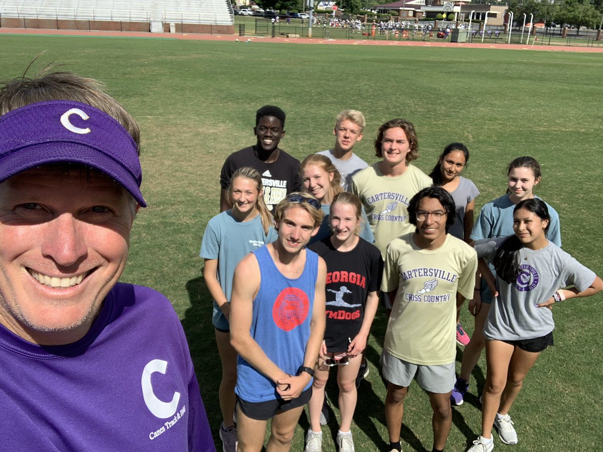 CoachTCanesTF's tweet photo. LAST PRACTICE 2021 for these AMAZING athletes! COVID yr. was a challenge for many but these 13 athletes r headed to the @OfficialGHSA State T&amp;F Championships tomorrow... starting with 4x800 @ noon &amp; 110H @ 3:00! Seniors @BillArcher02XC &amp; Omar HS - U earned it!! @cvilleschoolsys https://t.co/8ma9lxTrTl