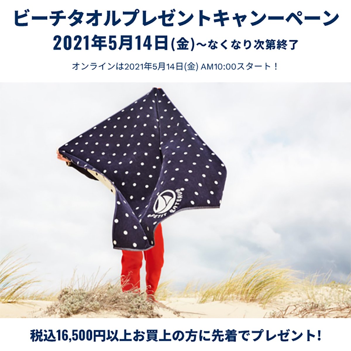 本日スタート／ 16,500円(税込)以上お買上頂いた方に、先着でビーチ
