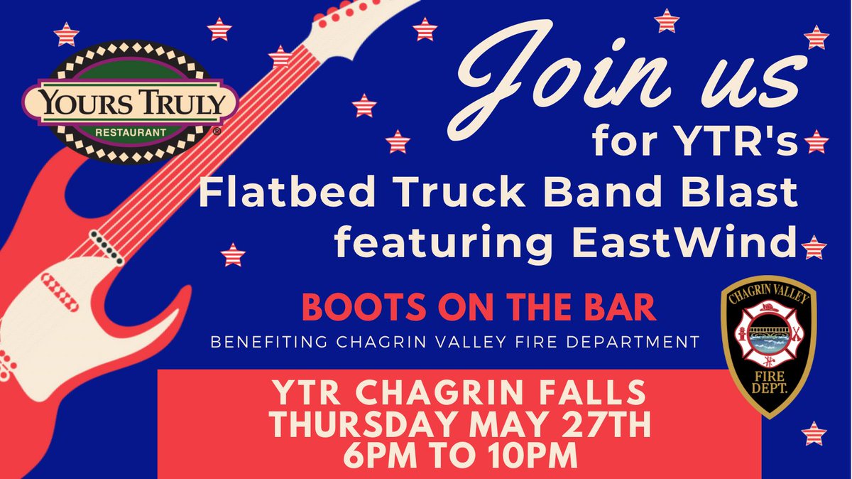 Join us May 27th for YTR Chagrin Falls Flatbed Truck Band Blast event benefiting <a href="/ChagrinValleyFD/">Chagrin Valley Fire Department</a>! 
*Family Friendly Event
*live music performance on a flatbed truck featuring EastWind🎸

Let's get together for our community and FILL UP THE BOOTS! 🚒