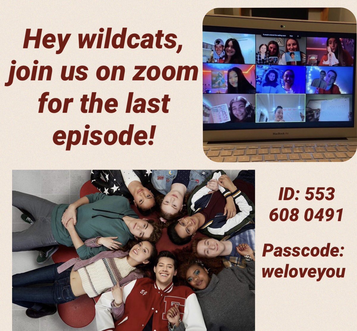 milieBeauregar3's tweet photo. #hsmtmtscountdown #HSMTMTS 
HSMTMTS cast, join us for the last episode tonight! @joshuatbassett @joe_serafini_ @Matt_Cornett_ @LarrySaperstein @MrFrankieAR @julialester ❤️🤍❤️
ID: 553 608 0491 
Passcode: weloveyou https://t.co/s2qSZVa3E6