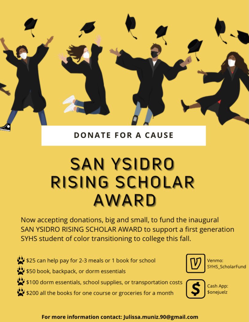 JulissaMuniz13's tweet photo. San Ysidro Rising Scholar Award coming this summer! Thanks to all our donors-people I call friends, family, femtors/mentors, colleagues, and kind strangers- we’ll be awarding AT LEAST two graduating seniors $2k+ scholarships. Thank you for making this dream happen! #SYHS #SD https://t.co/NprUbkBB50