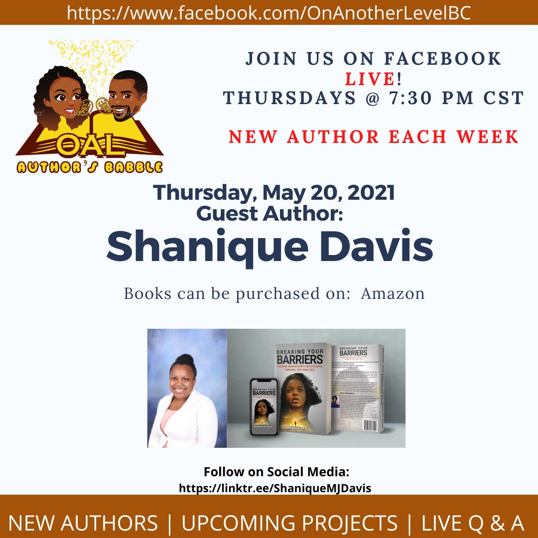 onanotherlevelb's tweet photo. Thank you for joining us tonight.  Please join us the same time next week when we will be interviewing Shanique Davis, author of "Breaking Your Barriers"

You can follow Shanique on Social Media:
https://t.co/4YlfiOi1go https://t.co/KtuCDtU4lZ