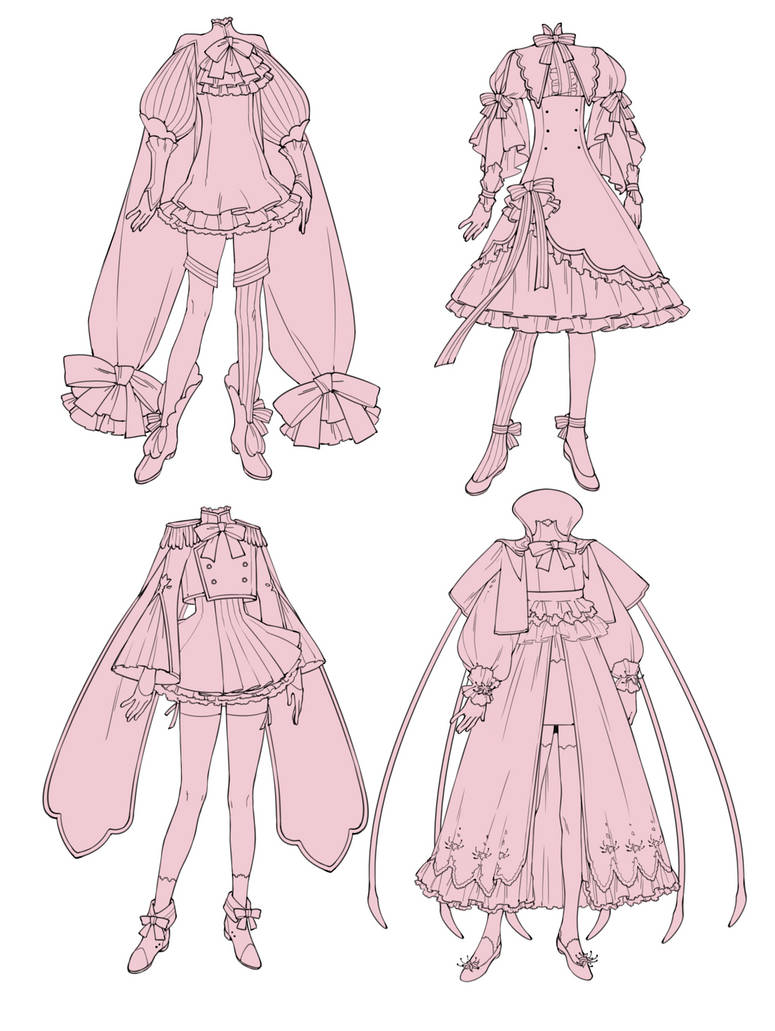 Some outfit concepts (I might use these in the future) and my first illustration draft! 