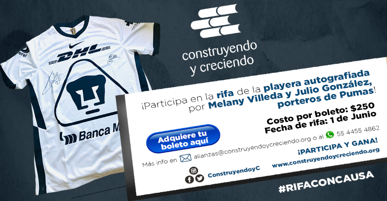 ¡Te invitamos a participar en nuestra #RifaConCausa donde podrás ganar una playera autografiada por 
<a href="/VilledaMelany/">@melany_559</a> y <a href="/Julioglzvela/">Julio Gonzalez Vela</a>, porteros de los PUMAS! 

📌Fecha de Rifa: 1ro de Junio
💲Donativo: 250 pesos

Más info: 📲 55 4455 4862

#PumasConCausa