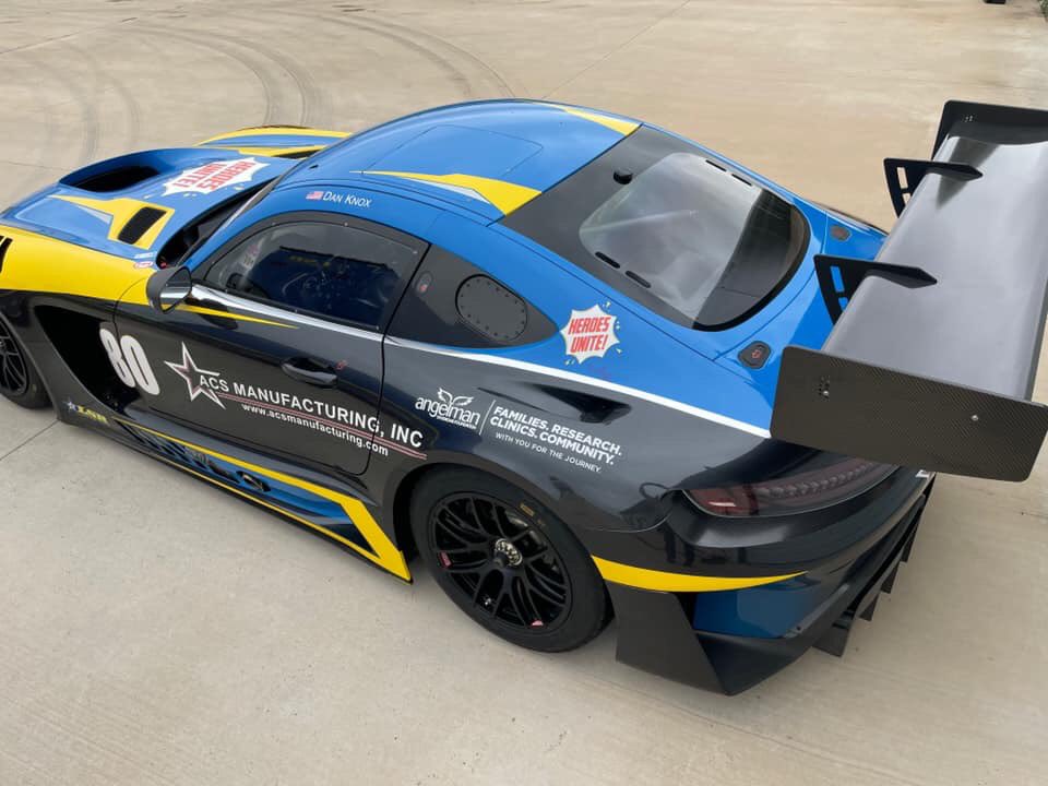 angelman's tweet photo. Look out Austin ASF Walkers!  The Mercedes AMG GT3 race car is wrapped and ready for photo ops with you on Saturday! We can’t wait to see them! 
Thank you Lone Star Racing and @CLawrenceRacing 
#walkforangelman https://t.co/kaliUSrs3U