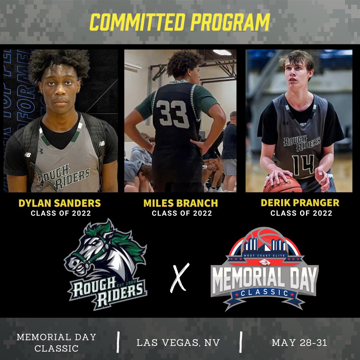 Colorado Roughriders has committed to Memorial Day Classic. Dylan Sanders, Miles Branch, &amp; Derik Pranger set to make noise

📆 May 28-31
📍 Las Vegas, NV
⛹🏾‍♂️ Boys &amp; Girls 9U-18U
🔥 Bracket Play
🎥 <a href="/BeTheBeastBTB/">BeTheBeast</a> live stream
🎬 Unmatched Media Coverage
🔗 westcoastelitebasketball.com