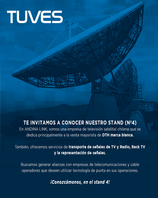 andinalink's tweet photo. La empresa de televisión satelital chilena TUVES ya está en #AndinaLinkVirtual 🌐📡
Visítalos en el #stand4 de https://t.co/Dp23TLapun
#satelite #INTERNET #Tecnología #Telecomunicaciones https://t.co/x0ETO4kDrF