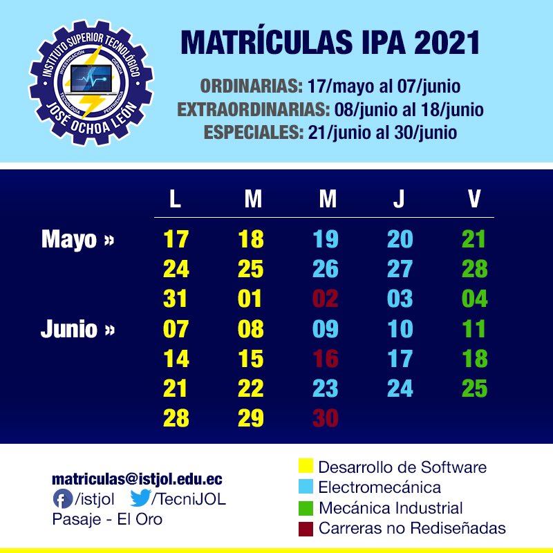 TecniJOL's tweet photo. ❗️Matrículas IPA 2021❗️

Atento a las matrículas que inician este lunes 17/mayo/2021 🗓

Revisa los requisitos y remite según el cronograma 👩‍💻👨‍💻

🔵 Para más información ➡️ https://t.co/eaficaIbdf

🟡 Cualquier consulta ➡️ matriculas@istjol.edu.ec

#ISTJOL ⚙️ https://t.co/BXuWjrzL2i