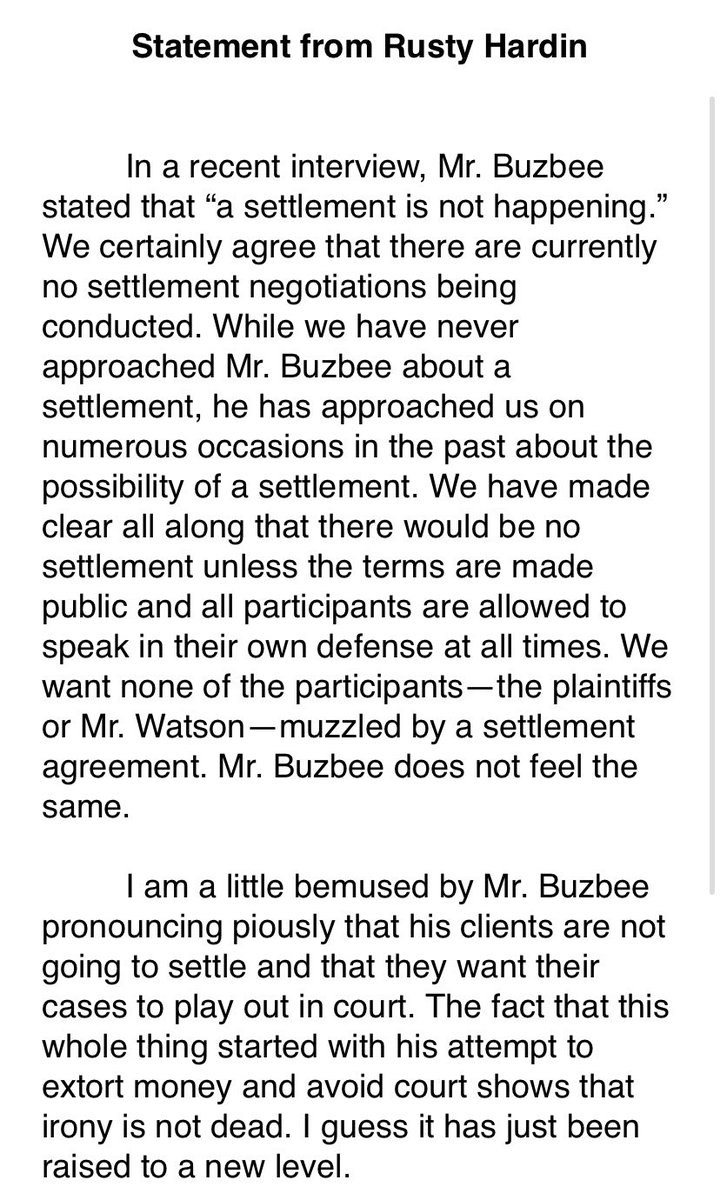 RapSheet's tweet image. Interesting statement for #Texans QB Deshaun Watson’s lawyer on the possibility of a settlement, saying, “There would be no settlement unless the terms are made public and all participants are allowed to speak in their own defense at all times.”