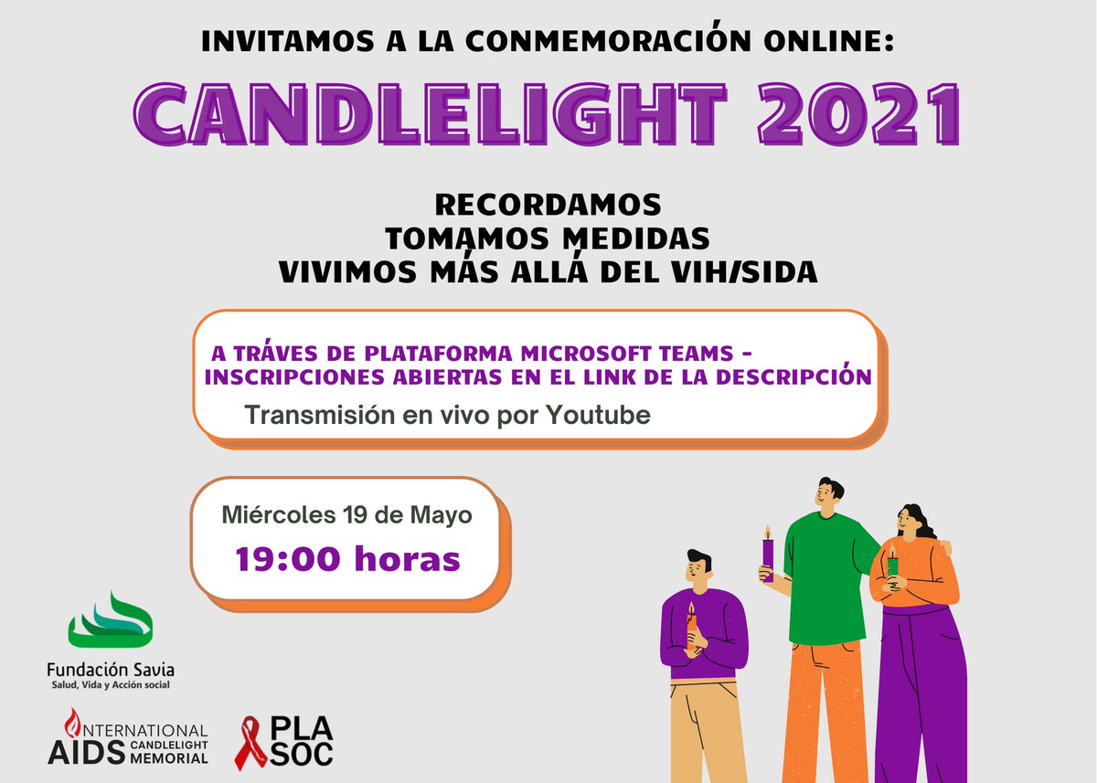 En Fundación Savia recordamos, tomamos medidas, vivimos más allá del VIH/SIDA. 🕯️❤️¡Hazte parte de la conmemoración del #Candlelight2021! 
📆 miércoles 19 de mayo
🕓 19:00 horas
📌 Inscripciones abiertas en: forms.office.com/r/AVr5ME7kdK