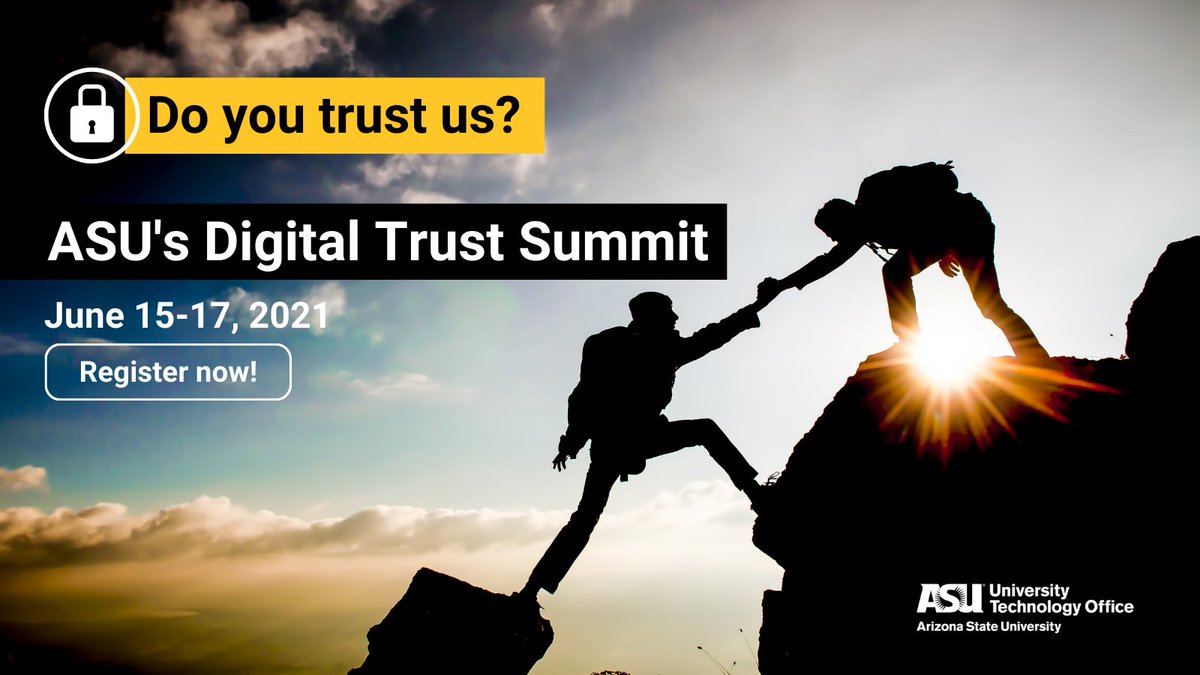 ASUTech_story's tweet photo. 👀 The agenda for @ASU's 2021 #DigitalTrustSummit on June 15-17 is available now!
💡 Some highlights include: a student panel, a #TrustedLearnerNetwork Unconference, a special edition of #Innov8: A Speaker Series & more!
🔒 Secure your spot today: https://t.co/d8nj7kmJSD https://t.co/UnZssWwHbT