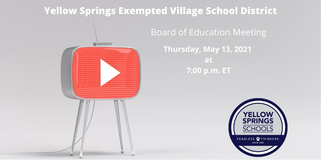 Join the Yellow Springs Exempted Village School District for our Board Meeting tonight, May 13th at 7:00 p.m. We will be holding tonight's meeting in person at the Mills Lawn Elementary School Gym.  Link to the agenda and the live stream available here: go.boarddocs.com/oh/yellowev/Bo…