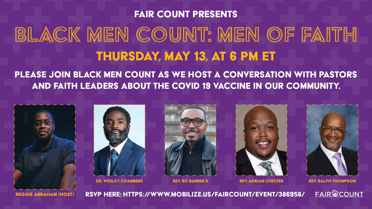 faircount's tweet photo. STARTING NOW: Fair Count's Reggie Abraham talks COVID in our communities with Rev. Willie Barber II, Rev. Ralph Thompson, Rev. Adrian Chester, and Dr. Wesley Chambers. We're talking vaccine truths, myths, and more at #BlackMenCount. Get in at https://t.co/XouXLxQFaL https://t.co/ixryIkQsfb