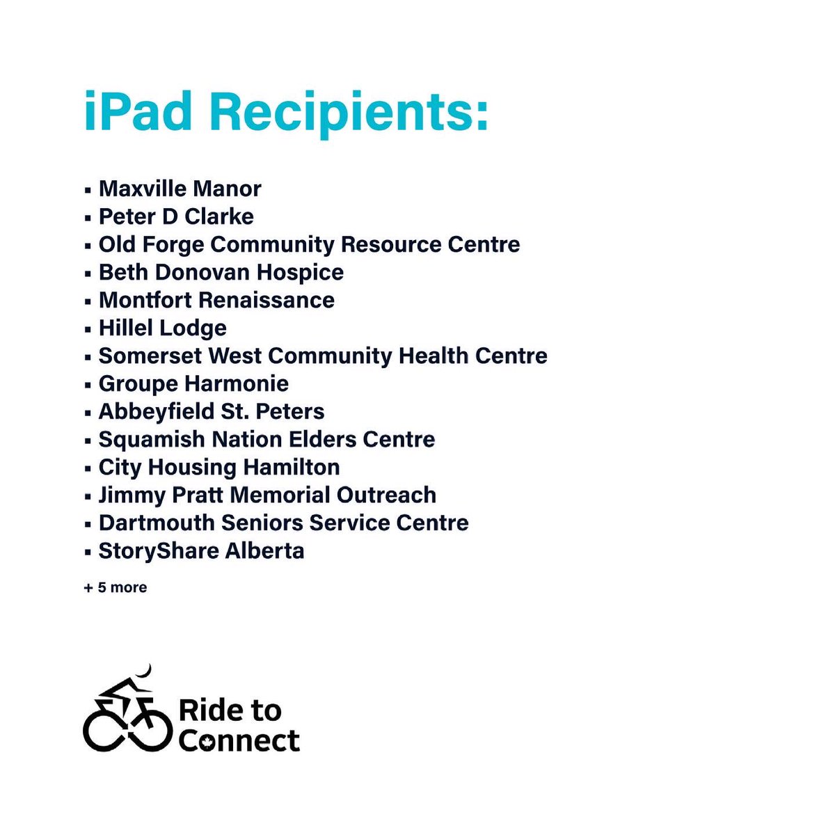 Super excited to share that last summer, we raised 53K to purchased 100 ipads, data and tech mentorship to 18 LTC homes and senior centres across Canada!! Follow us <a href="/ridetoconnect/">Ride to Connect</a> for our summer 2021 campaign!