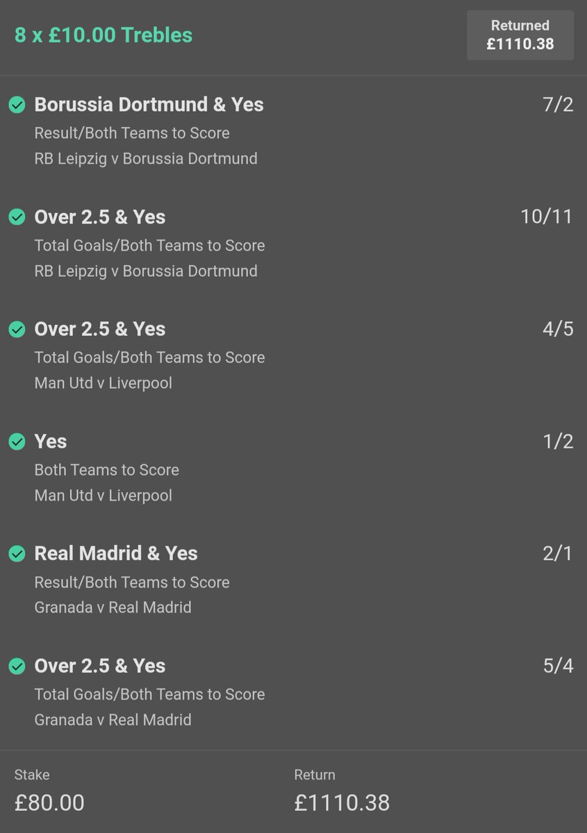 BOOOOOOOOOOOOM!👊

THIS WEEK;

My Twitter Followers were with me on a 9 Team, 4-Day Accer...WON at 11/1✔

Tonight, my VIP Friends in our Private Watsapp Group were with me on 6.5/1 Treble AND this👇huge Combo Bet Treble at over 13/1...BOTH WON✔✔

JOIN US NOW...ONLY £10 a Month