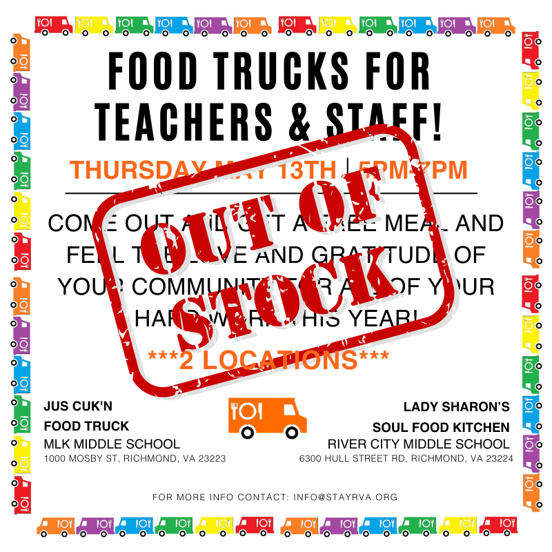stayrva's tweet image. Hey friends, The food trucks are out of meals at both locations. 

Thank you so much to everyone who supported. 

Teachers and Staff: If you are currently at or in line at either location please give your name and email to a #STAYRep on site and we will get something to you!