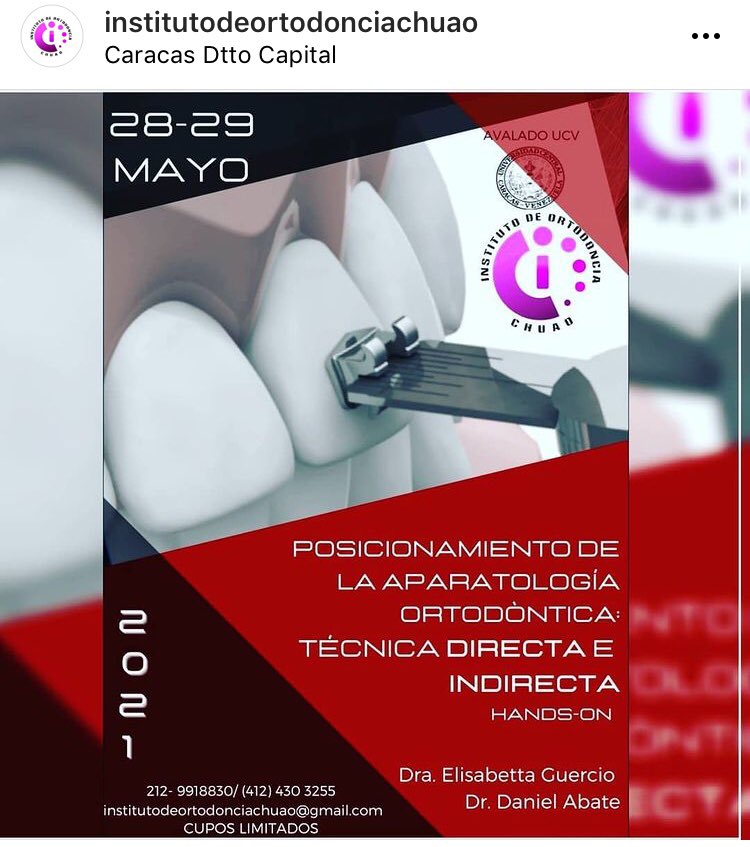 DENTALVITALCA's tweet photo. CURSO TEORICO-PRACTICO. MAYO 28-29
.
Una correcta selección de la aparatologia ortodóntica y su posicionamiento individualizado, constituyen el primer paso en la planificación y éxito de los tratamientos ortodónticos..

Inf: wsp (+58) 4124303255

 @dentalvitalca https://t.co/wSC52dB896