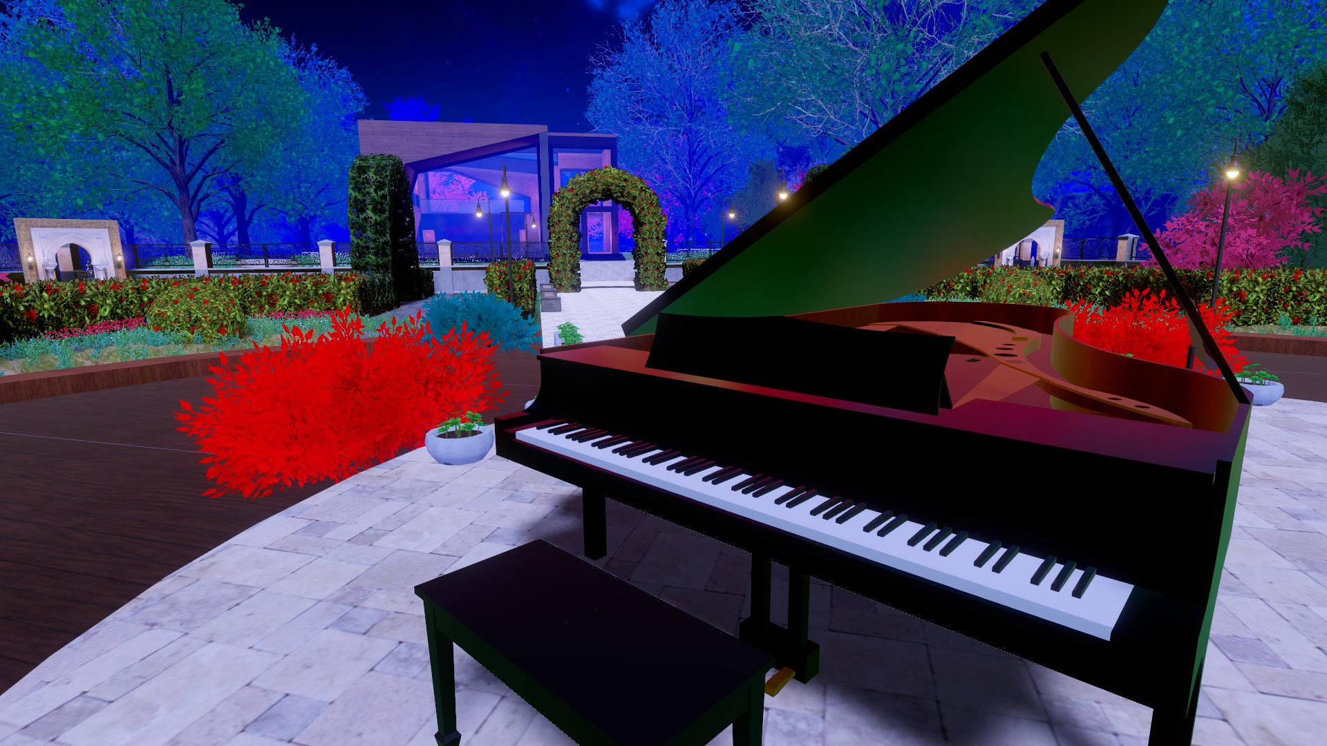 常盤いるむ Bar Clovercherry Flowergarden ーby Minafrancesca ピアノ 中心の素敵な庭園と 奥のbarからなるワールド 花園の配置も大きな月も幻想的で 庭にはpandraシリーズへのポータルもあります このワールドにも何か仕掛けがありそう
