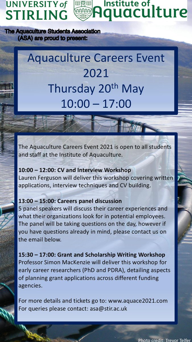 Aquaculture Careers Event 2021
Thursday 20th of May, from 10 am to 5 pm
For more details and tickets, please go to: aquace2021.com
For queries please contact asa@stir.ac.uk
Facebook <a href="/asa/">asa</a>.stirling
Twitter @ASA_stirling
LinkedIn company/aquaculture-students-association